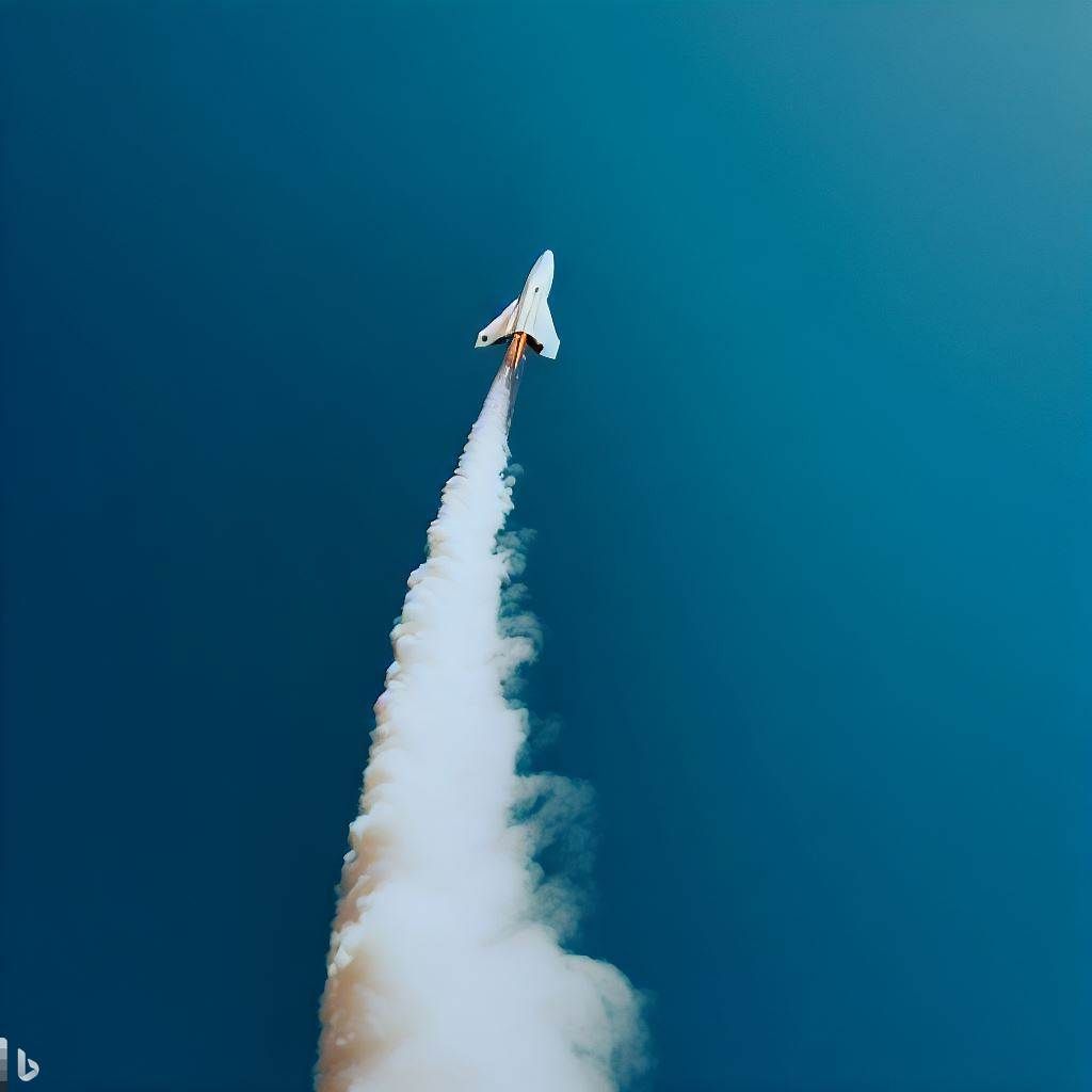 一枚火箭正在藍色天空中飛行，留下一道白色煙霧。