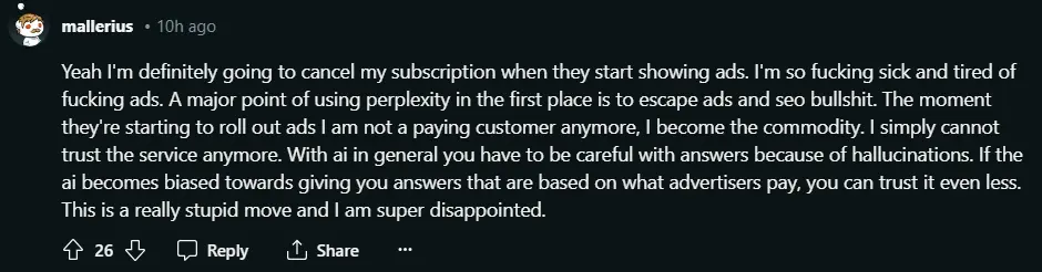 一些網友抱怨Perplexity推出廣告這件事