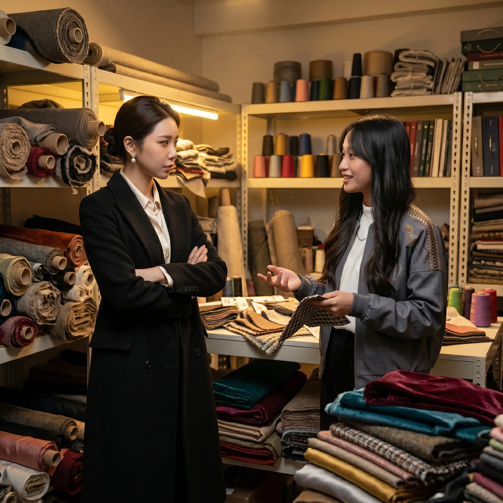 兩名女子在布料樣品間交談，一人拿著布樣，另一人雙臂交叉聆聽