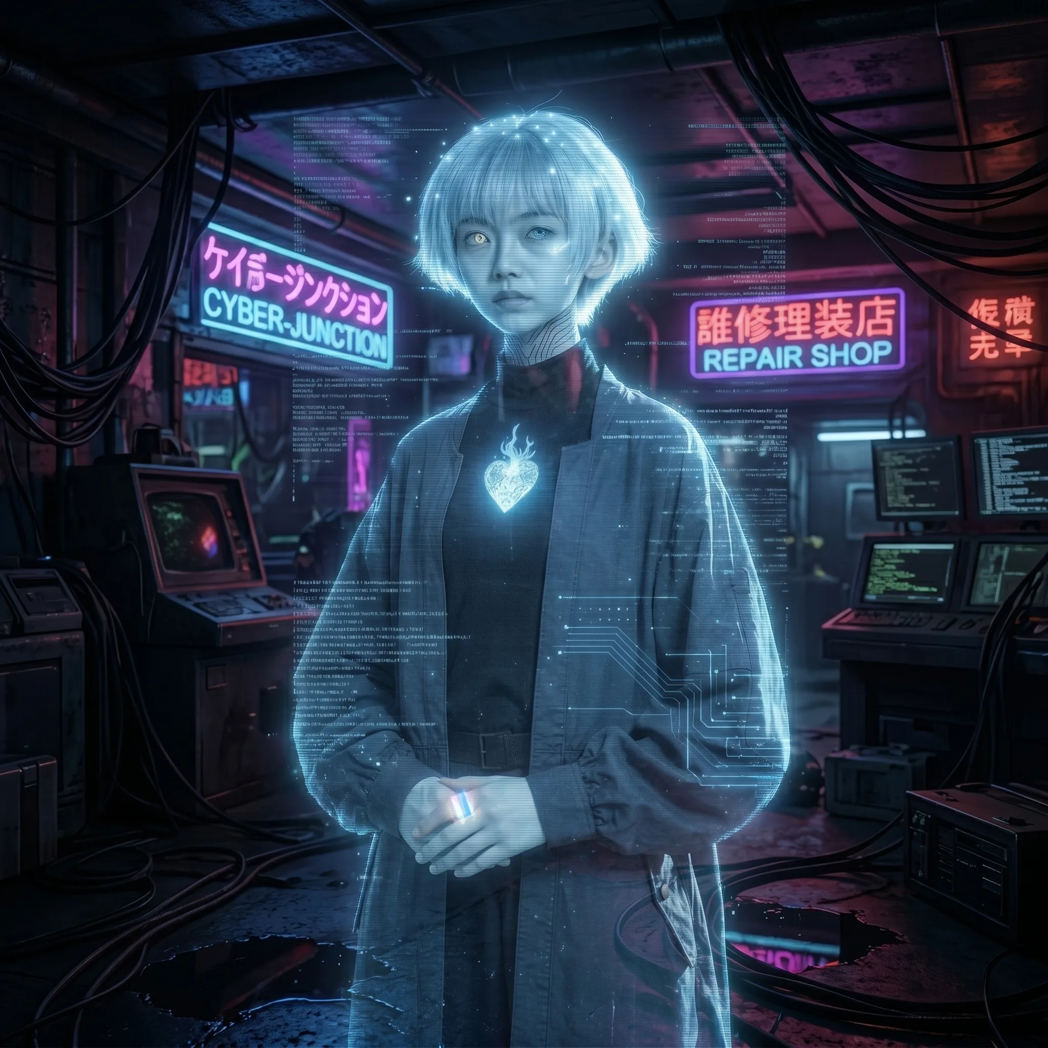 全息投影中的銀白短髮女子，胸口發著心形藍光，站在霓虹賽博機房裡