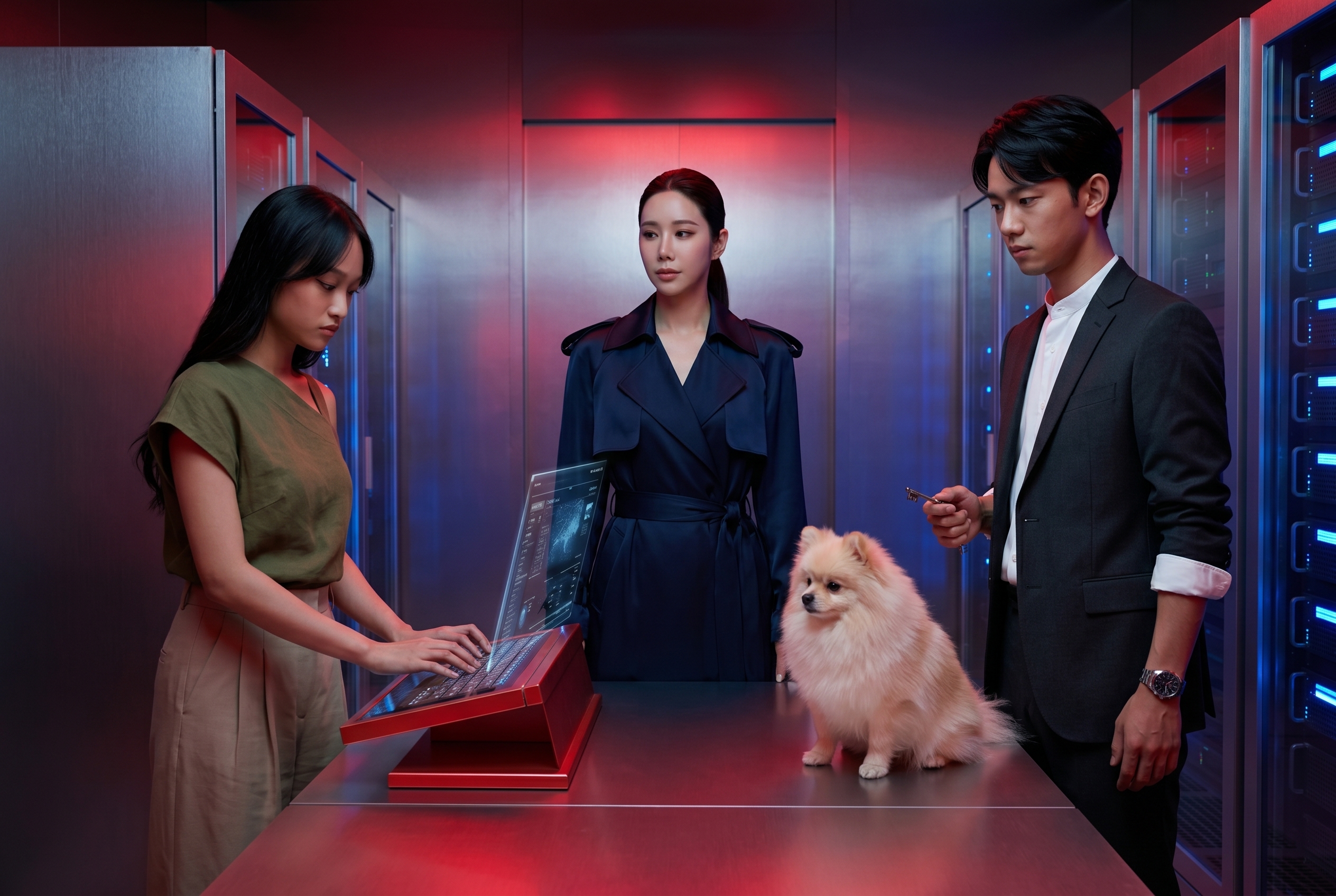 紅光下的伺服器機房裡，Lisa、Yoyo 和中村圍著主控台，白白坐在桌上