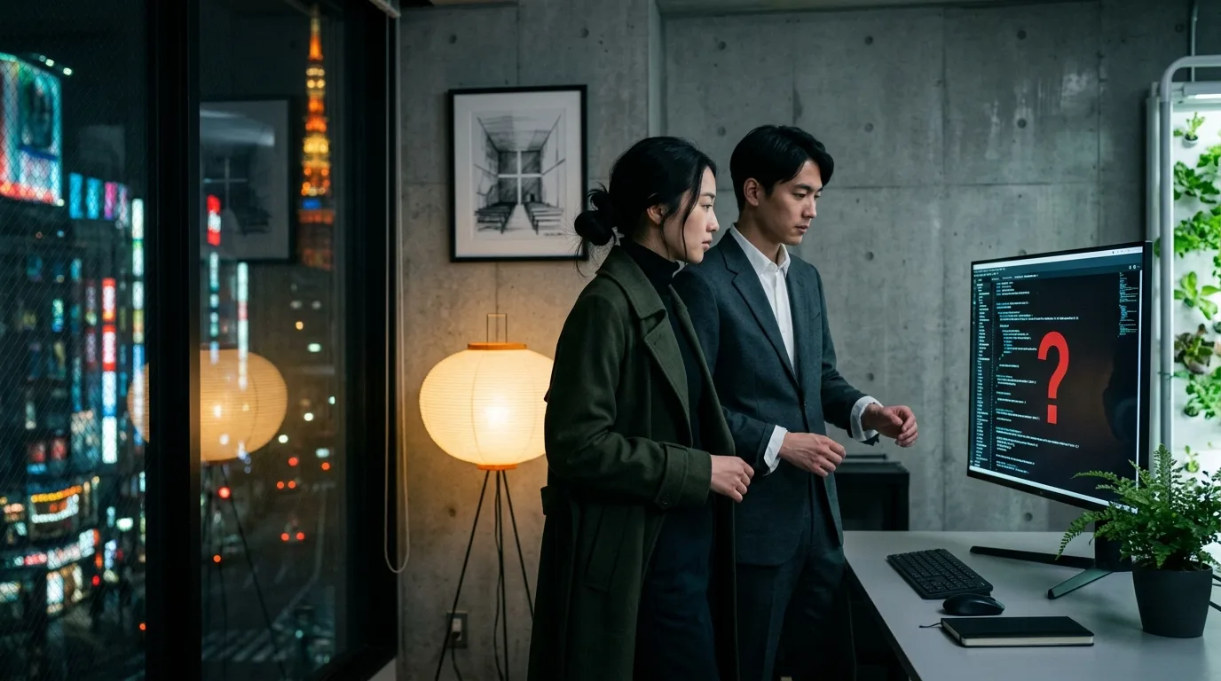 兩人站在東京夜景前的辦公室裡，盯著螢幕上顯示紅色問號的郵件內容