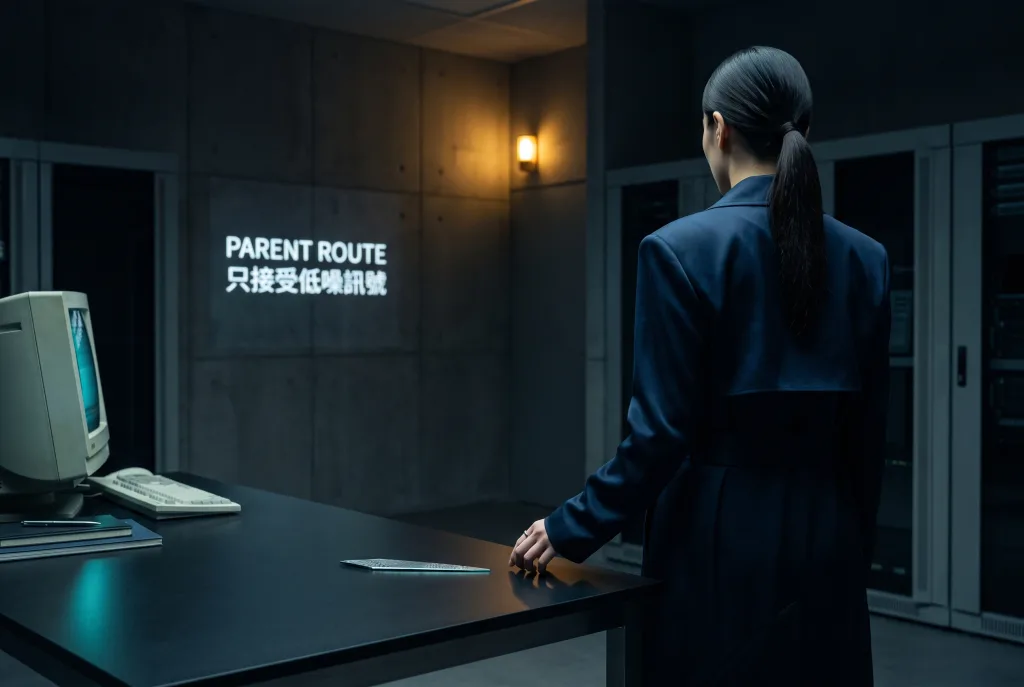 Lisa站在昏暗的辦公室裡，牆上投影著「PARENT ROUTE 只接受低噪訊號」