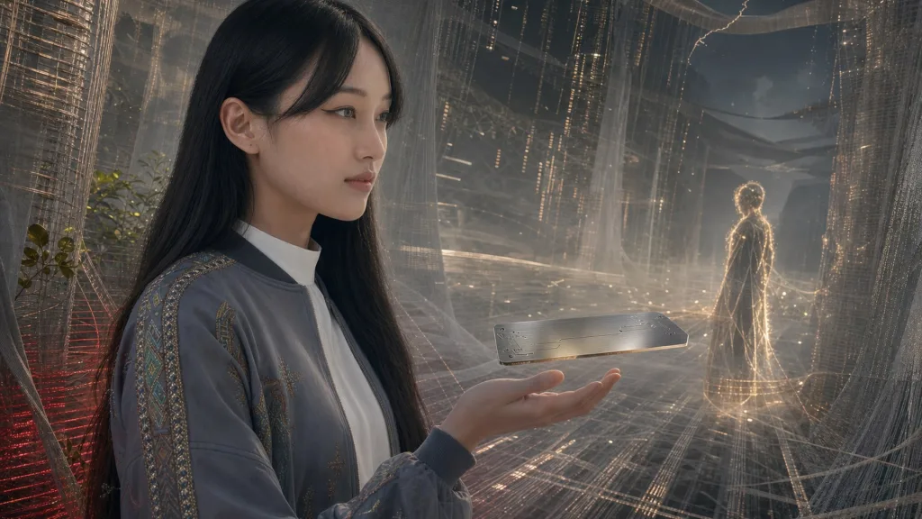 Yoyo 站在由銀色織紋與代碼構成的夢境廊道中，手掌上方懸浮著一塊刻有紋路的金屬片，遠處有一道發光的人影。