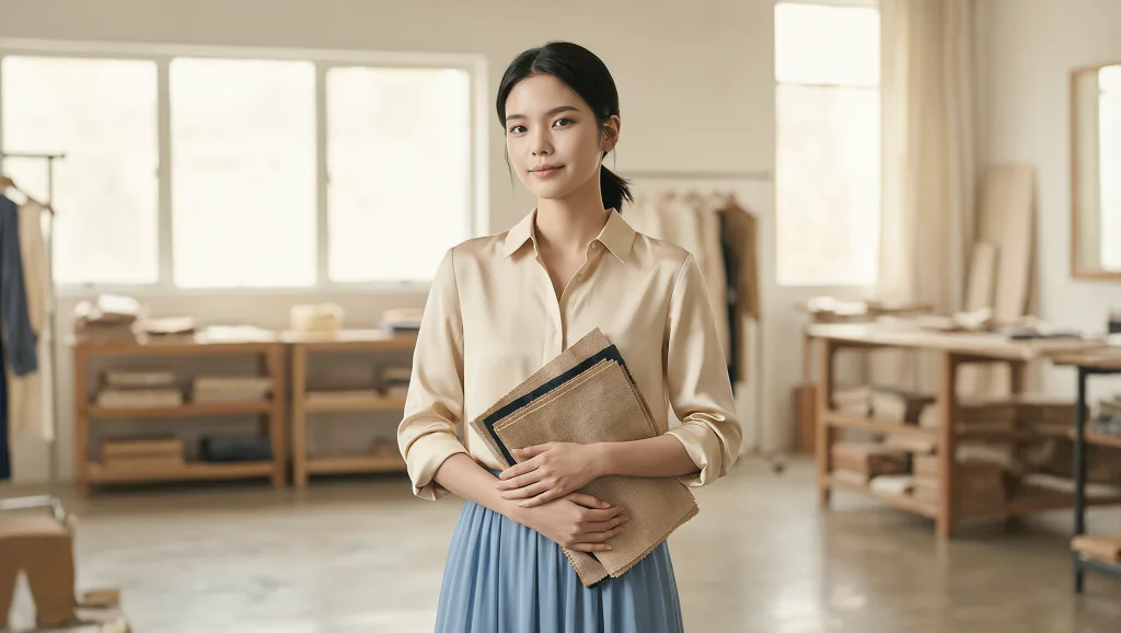 Lily 站在陽光充足的樣衣室中看向鏡頭，背景有木質工作桌與服裝架。