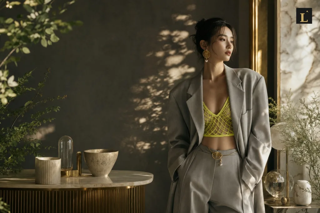 一位女性穿著寬版灰色西裝外套，內搭螢光黃色網狀內衣，展現融合正式與個性的韓流時尚風格。
