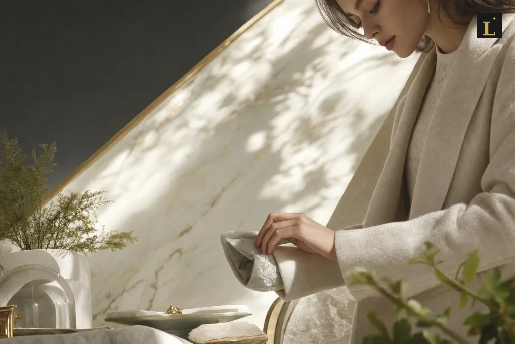 穿著米色羊毛大衣的女性低頭撫摸袖口內襯，展現對衣物細節與材質的關注。