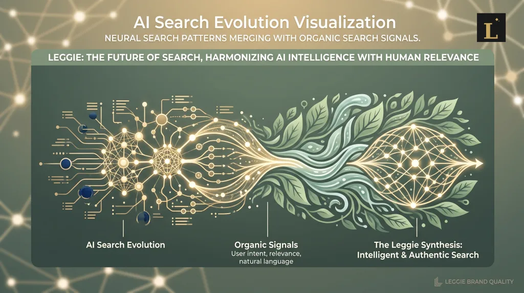 AI 搜尋演進與自然訊號融合的資訊圖，強調智慧且真實的搜尋