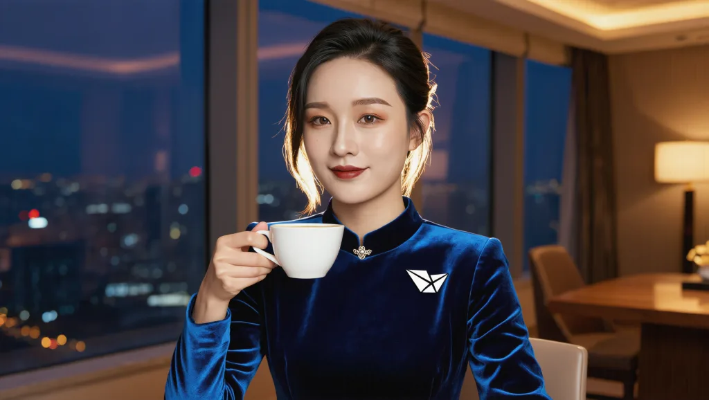 Lucy穿著一件墨藍色絲絨襯衫，領口別著一枚形似折紙船的小銀胸針，長髮鬆鬆地挽起來，幾縷髮絲落在頰邊。