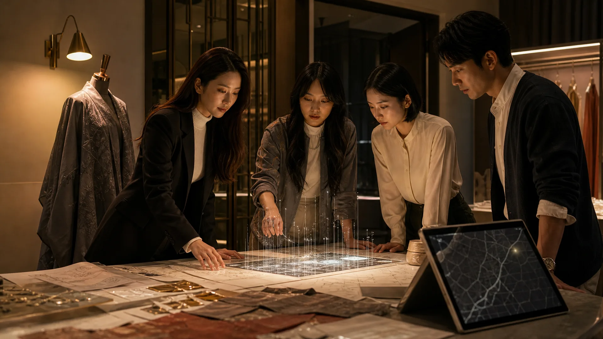 《Leggie 創世紀》第 19 章首圖：樣衣室三凌晨，Lisa、Yoyo、Lily、中村圍繞設計圖與震動金屬片，靜奢科幻懸疑。