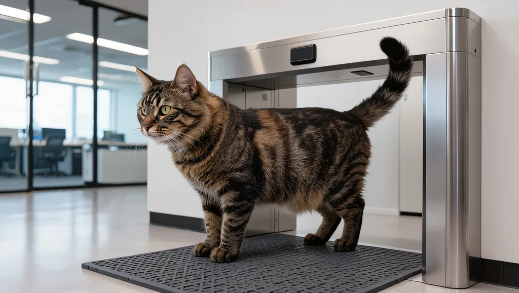 虎斑貓Tabby。牠背上的紋路像被雨洗過的舊木頭,腹部的毛色淡一些,走路不急,也不覺得自己正在闖入什麼人類設計好的邊界。牠從東京辦公室半開的側門溜進去,尾巴平穩地豎著,踩過一排防靜電地墊,停在隔離區的感測拱門下。