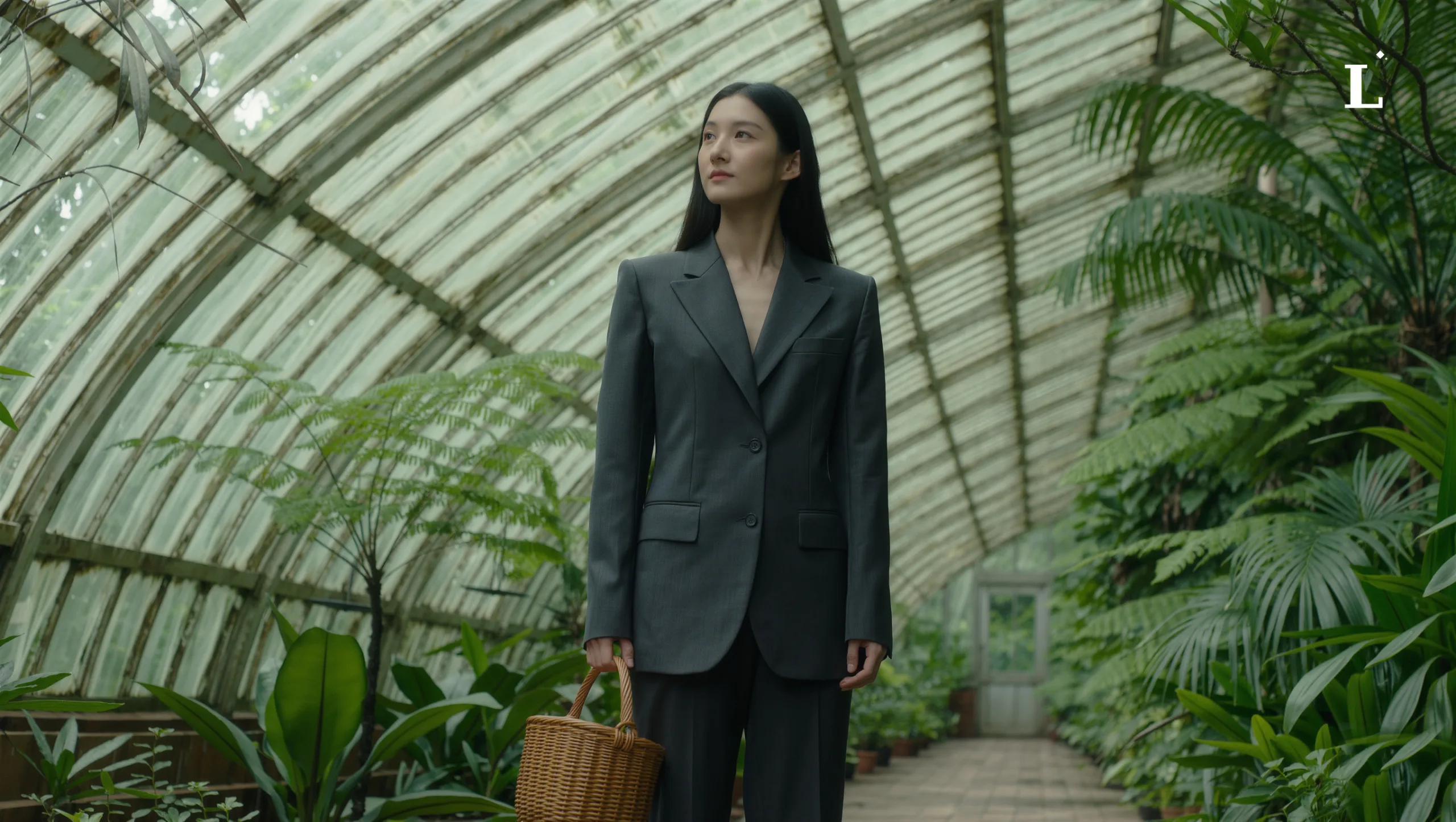 身穿灰色西裝的都會女性在溫室植物園提著長野山葡萄藤編籠包