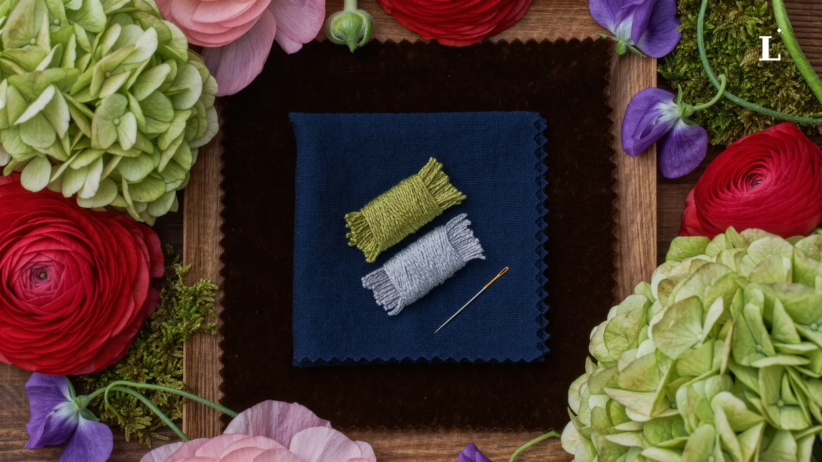 畫面採俯視視角，中央是深藍色羊毛布料和深棕色絲絨布料，兩者均已摺疊並作為背景。周圍環繞著一圈鮮花和苔蘚，包括淺綠色繡球花、粉色牡丹花瓣、深紅色毛茛，以及紫色的香豌豆花莖。深色布料上方放置著兩小綑手工染製的繡線，一綑為黃綠色，另一綑為灰白色，旁邊還有一根無標誌的黃銅色縫衣針。所有物品置於一張木製工作桌上。
