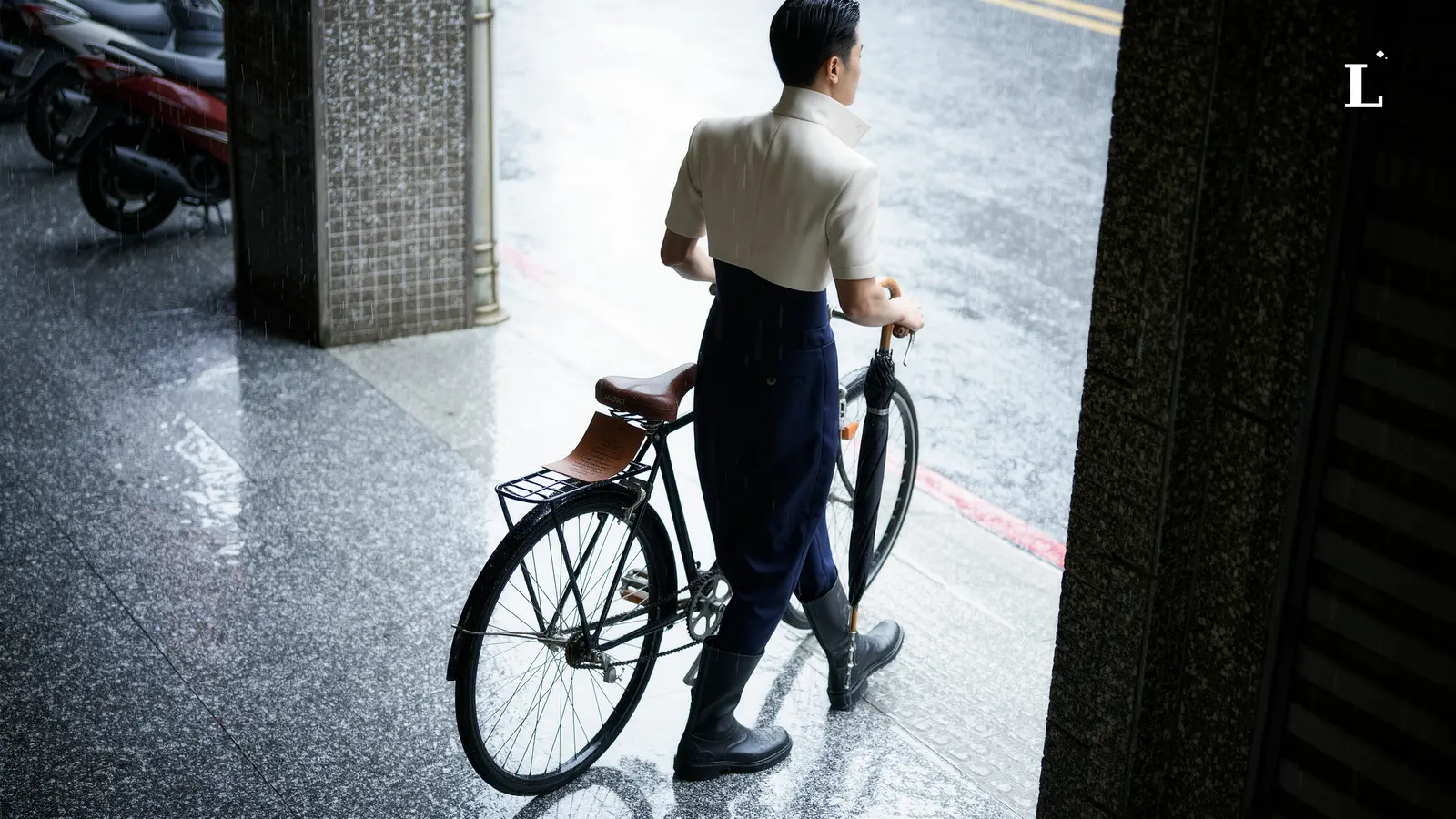 一名男性背對鏡頭，推著黑色腳踏車在濕滑的騎樓邊緣行走。他身穿米白色立領短袖外套，內搭深藍色長褲，搭配黑色高筒雨鞋。左手扶著腳踏車把手，右手握著一把黑色的摺疊傘，傘尖朝下滴水。地面因雨水而反光，可見騎樓柱子旁的濕滑地磚和背景處的雨景與停放的機車。